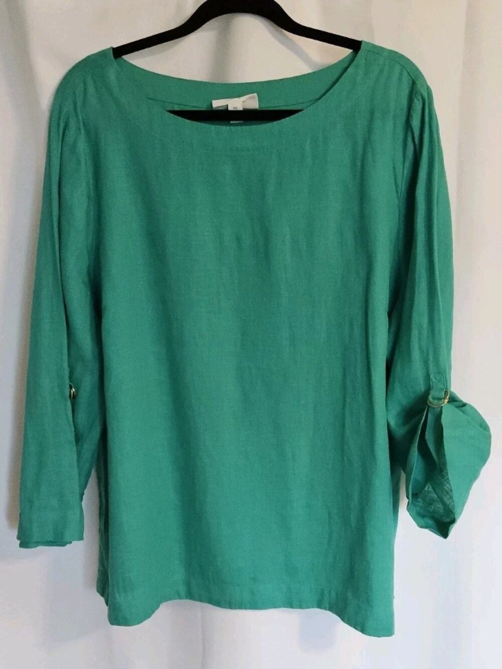 Women's Size XXL 100% Linen Kelly Green 3/4 Sleeve Blouse w/ Ties Career Basic